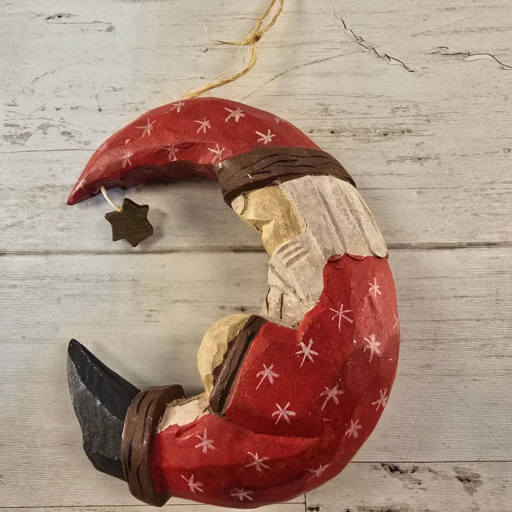 Vintage Christmas Ornament Set Hand Carved Wood Santa Moon and Boy on Tricycle